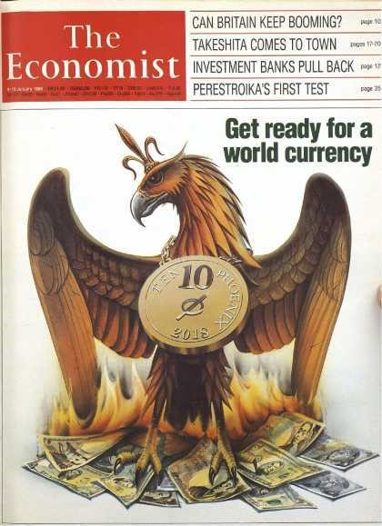 Economist cover showing global currency in 2018 January 1988